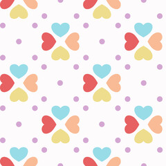 Floral seamless pattern with heart and dot shapes arranged line. Flora hearts cartoon background. Valentine design for fabric, wrapping, textile, wallpaper, apparel, pajamas, cards and stationery.