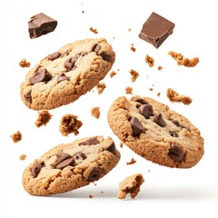 Fototapeta premium Delicious chocolate chip cookies with chocolate chunks floating in the air on white background studio shot