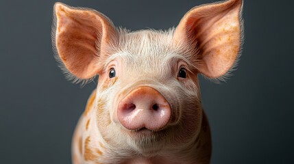 Fototapeta premium Charming Portrait of a Young Piglet with Big Ears and a Pink Snout Against a Dark Gray Background Capturing the Innocence and Curiosity