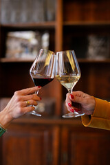 Two women clink glasses of red and white wine in a cozy setting. A perfect moment for a romantic...