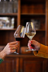 Two women clink glasses of red and white wine in a cozy setting. A perfect moment for a romantic aperitif or a friendly get-together.