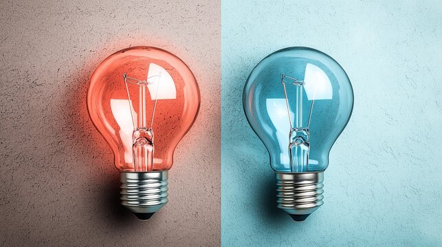 Two light bulbs red blue colors in split tone composition - Powered by Adobe