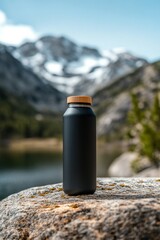 Black water bottle in mountain landscape with snow-capped peaks.