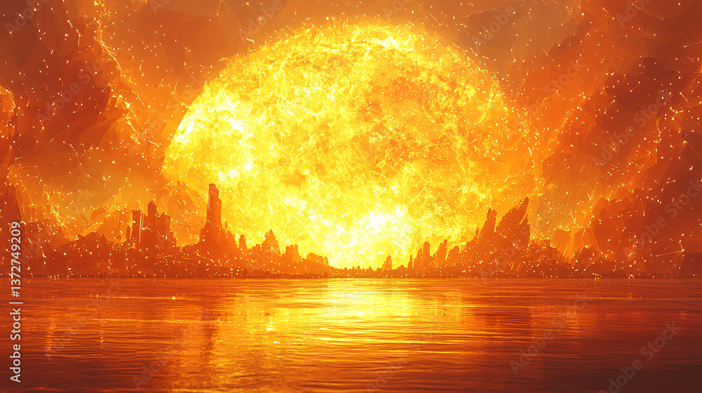 Poster intriguing fireball in the middle of a cityscape during golden hour with digital chaos elements and 