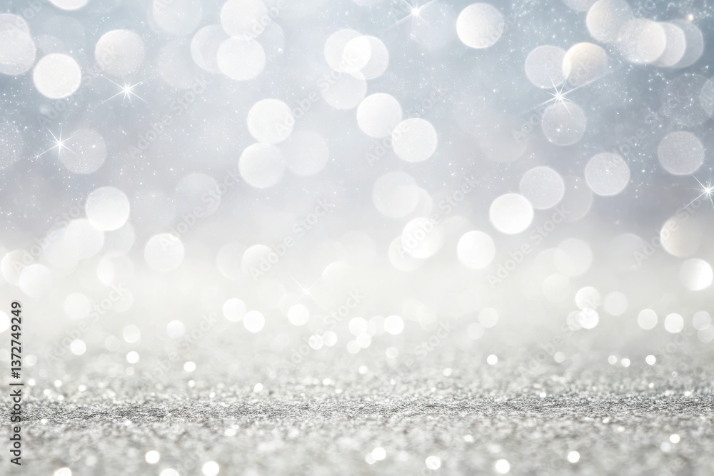 Poster silver bokeh lights blur into a wintery abstract christmas glow. abstract background with bokeh ligh