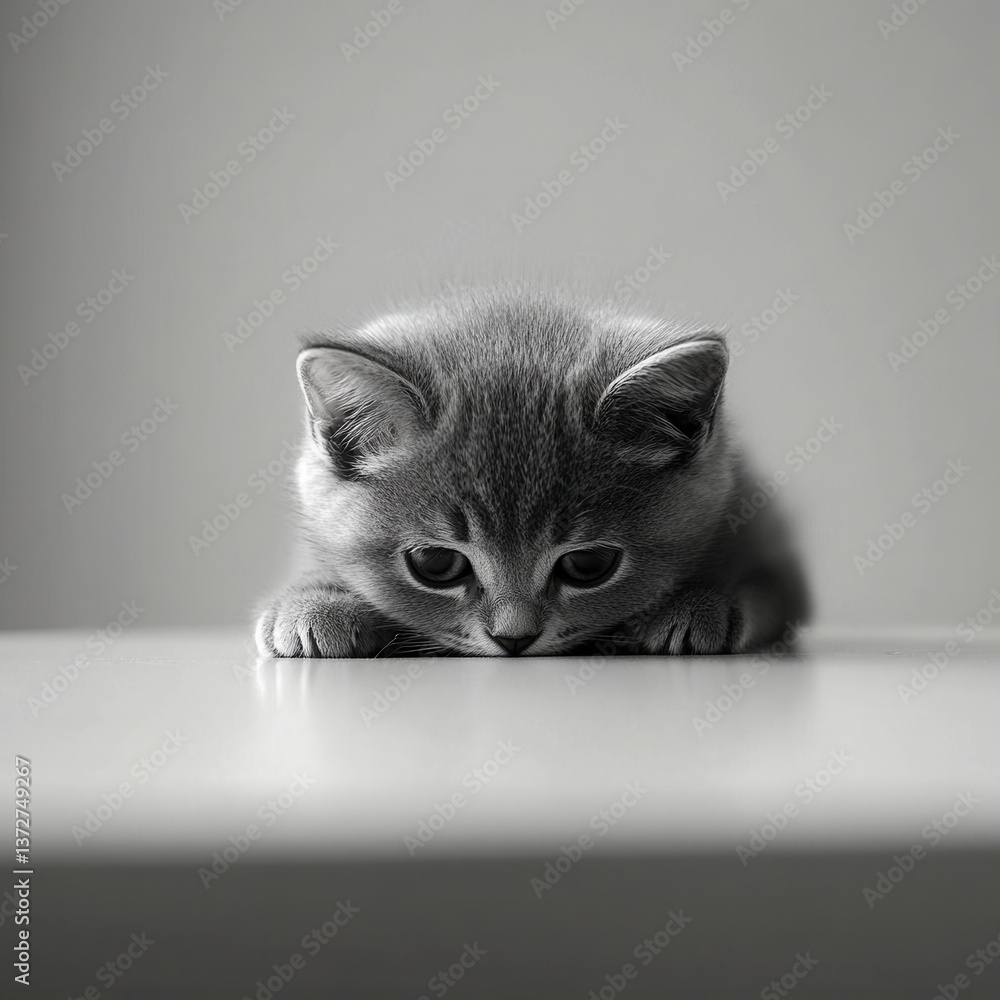 Poster adorable gray kitten resting on a light surface in a close up shot capturing its innocent expression