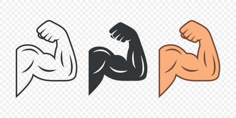 Vector Flexing Arm Biceps Icon Set. Muscular Arm Vector Illustration in Black White and Skin Tone. Bodybuilding Fitness Strength Symbol Isolated. Gym and Sports Design Templates