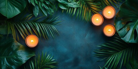 Palm Sunday decoration concept with fig leaves and sacred candles on dark background, flat lay top view
