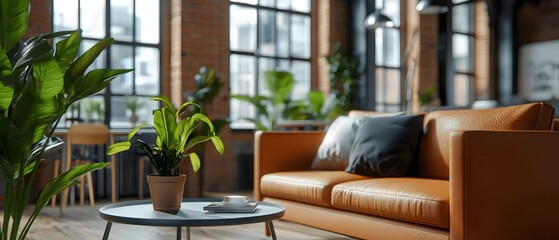 Fototapeta premium Cozy living room with modern sofa and indoor plants urban apartment interior design bright environment wide angle comfort concept