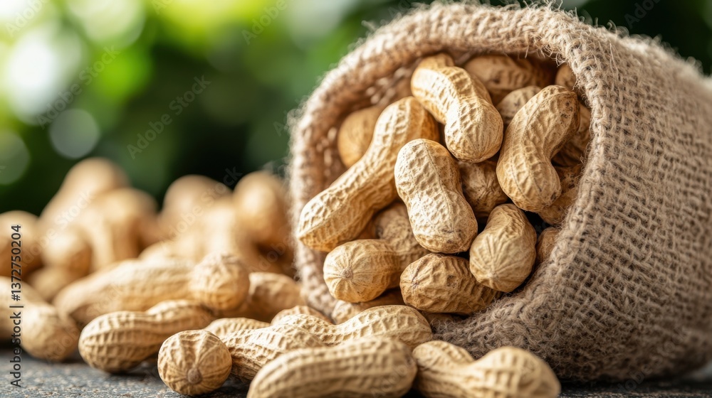 Poster captivating close up of raw peanuts spilling from a rustic burlap sack on a wooden surface with a na