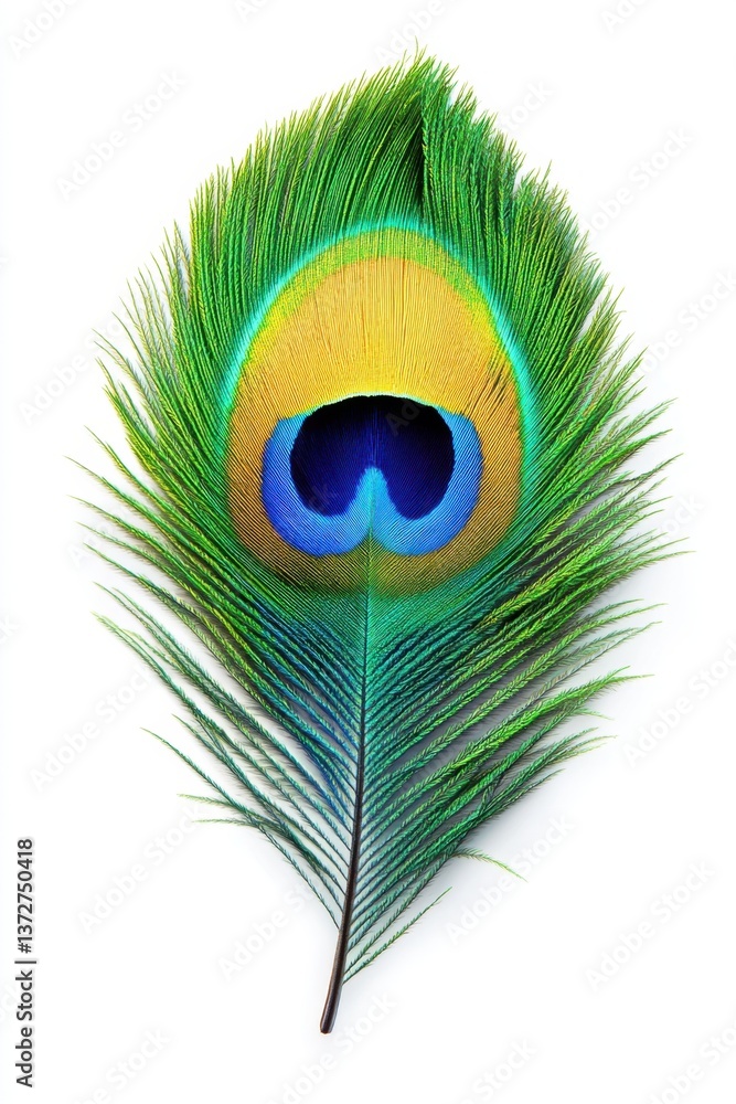 Poster elegant peacock feather displaying vibrant colors and intricate patterns against a clean white backd