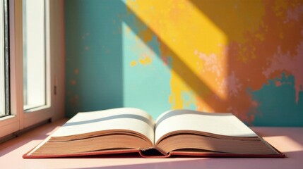Open Book Resting on a Windowsill Bathed in Sunlight Against a Colorful Wall