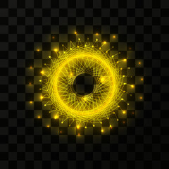 Lightning flash, magical energy, powerful electric discharge, yellow electric ball. Isolated illustration on a dark background. Realistic 3d, vector drawing.