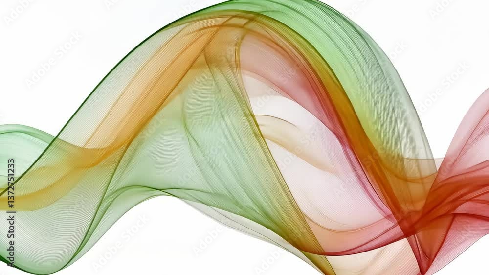 Poster flowing waves of translucent fabric create an abstract design in soft colors on a light background