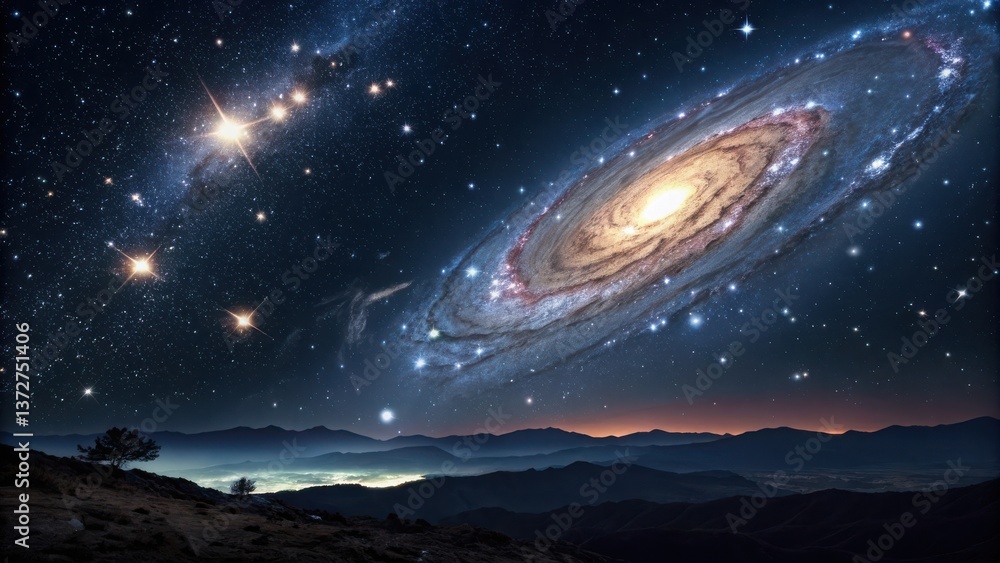 Poster alien planet in space with stars and moonlit sky. alien planet in space