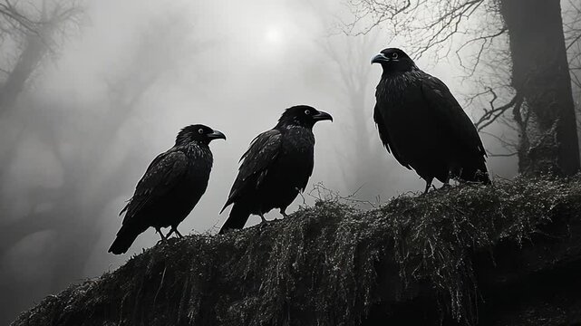 Three crows perched on misty forest rock, ominous scene, atmospheric photo