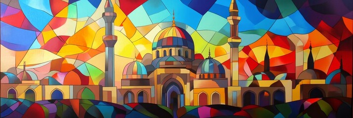 Obraz premium Colorful abstract painting of a building with domes and minarets.