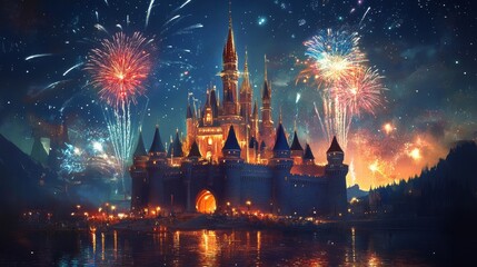 Obraz premium Castle with fireworks above reflected in water at night colorful