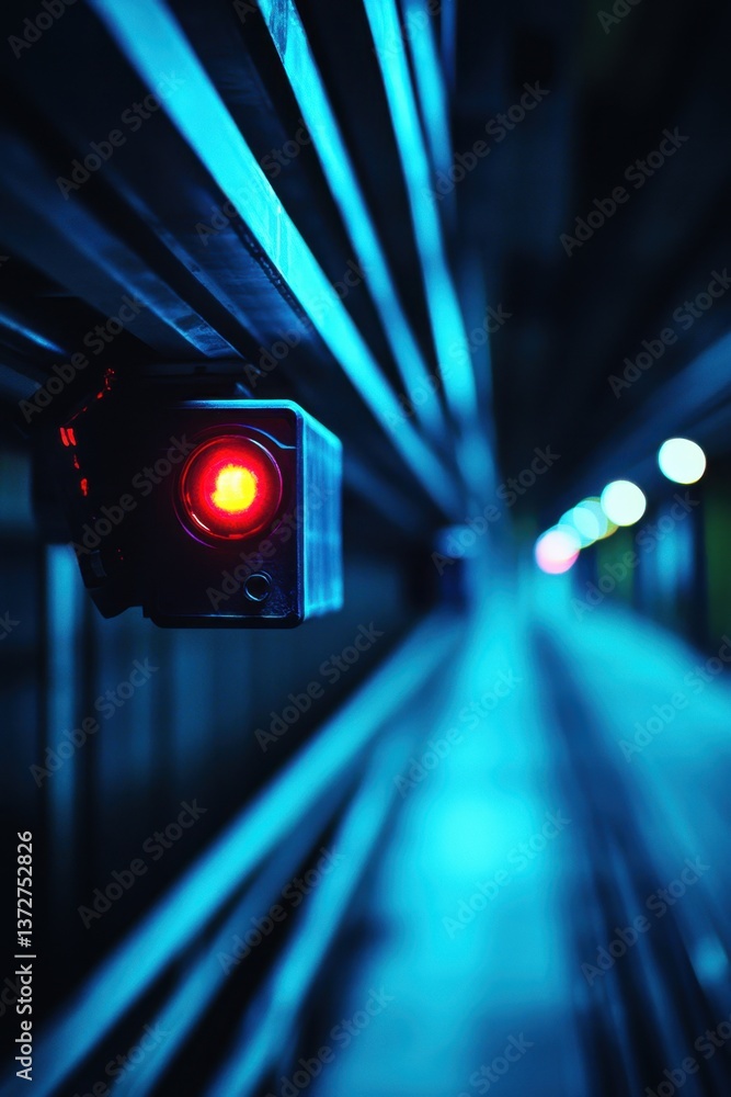 Poster illuminated red signal light in a dark subway tunnel with converging lines and bokeh lights creating