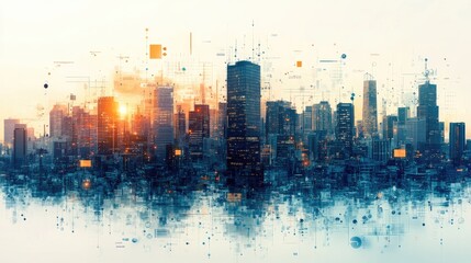 Obraz premium Abstract digital cityscape with buildings and skyscrapers constructed from data and code, symbolizing the seamless integration of technology into urban life. 