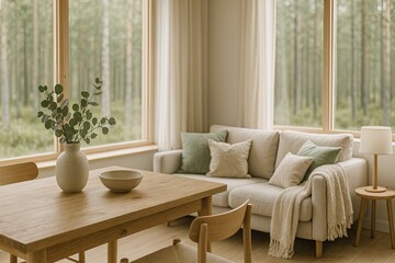 Modern Scandinavian dining room with wooden table and textile decor