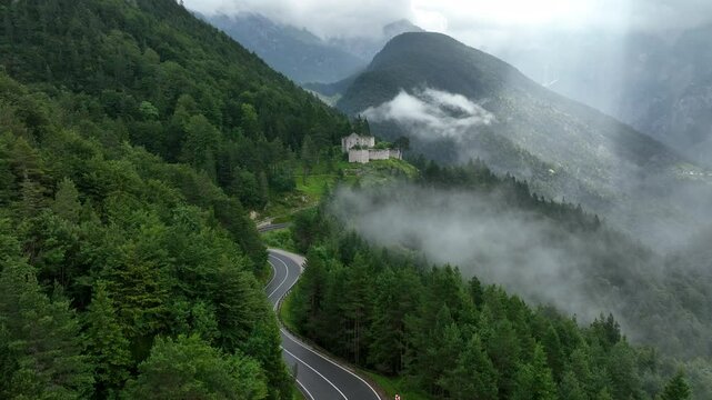 Ascending aerial view of the historic Fort Predel in Strmec na Predelu, Log pod Mangartom, Slovenia