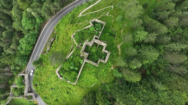 Top down drone shot of the historic Fort Predel in Strmec na Predelu, Log pod Mangartom, Slovenia