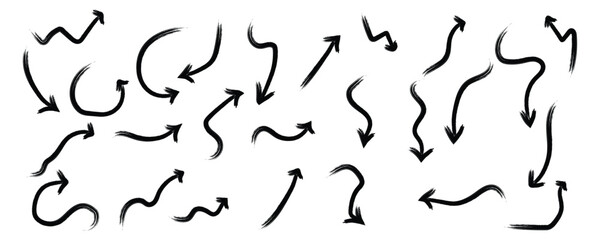 Hand-drawn brush stroke arrow set. Hand-drawn arrows with brush strokes in curly, wavy, curved, and abstract direction arrow collection.