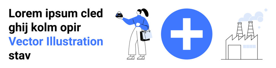 Healthcare worker holding medical vial, large cross symbol, industrial factory with smoke. Ideal for healthcare, industry, sustainability, medical research, workplace safety, innovation flat landing