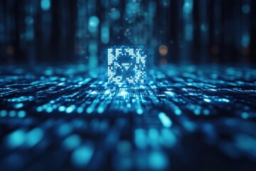 Digital QR code in a futuristic blue-lit environment illustrating financial security and technology advancements