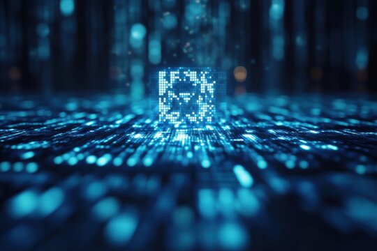 Digital QR code in a futuristic blue-lit environment illustrating financial security and technology advancements - Powered by Adobe