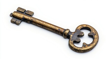 Antique Golden Key Isolated on White Background Symbolizing Mystery Security and Unlocking Opportunity with Detailed Texture and Elegant Design