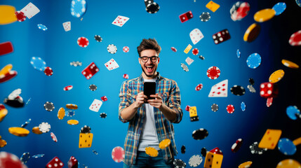 Happy man with smartphone winning in online casino with flying Poker coins, playing card and dice on blue background. Digital gambling and betting concept