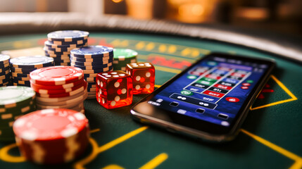 Smartphone with online casino app. Poker coins, playing card and dice on blurred background. Website banner with Digital gambling concept