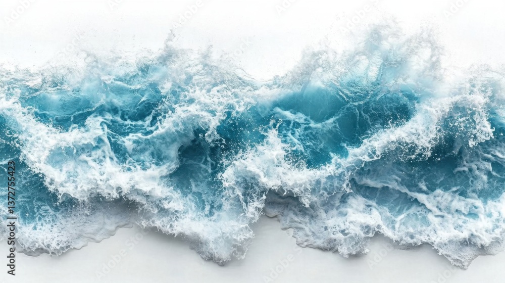 Poster captivating aerial view of ocean wave crashing with foamy spray against white background creating dy