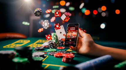 Hand holding smartphone with online casino app. Digital gambling concept. Poker chips and abstract casino coins on blurred background