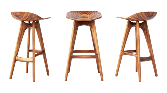 Wooden Bar Stool Set in Three Poses on Transparent Background for Furniture Branding, Interior Design, or Home Decor Illustrations