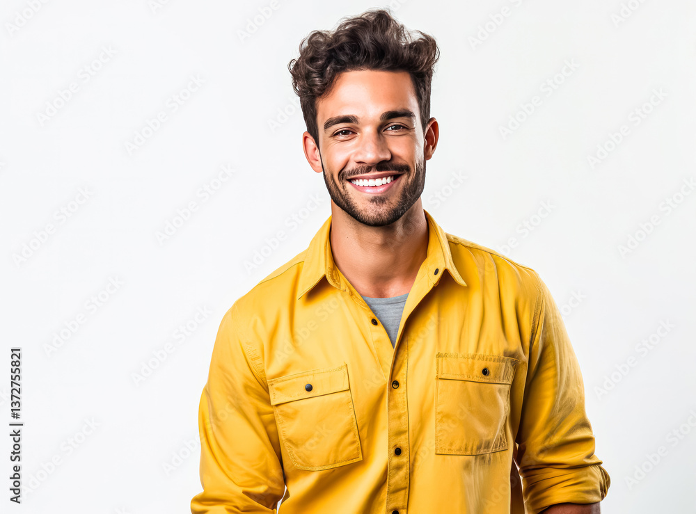 Poster man in a yellow shirt is smiling and looking at the camera. he has a beard and is wearing a gray shi