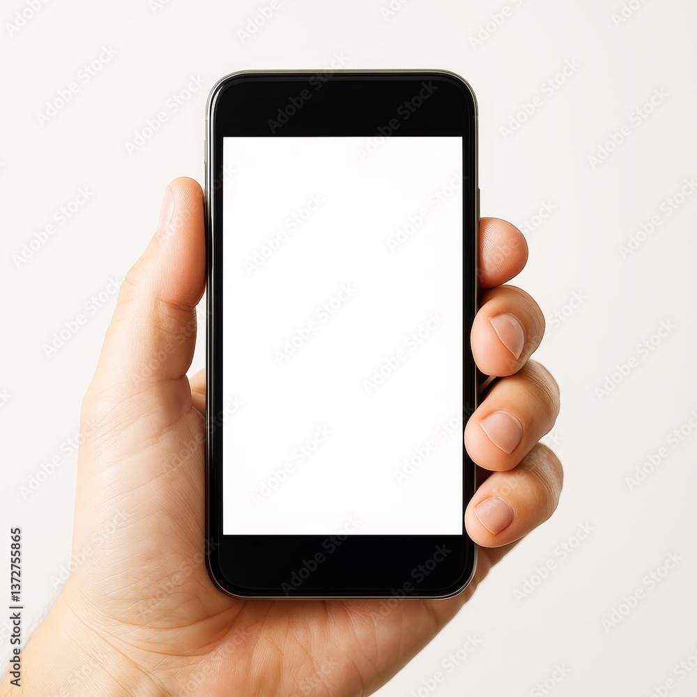 Fototapete Hand holding smartphone with blank screen for mockup display on light background, showcasing clean layout and empty copyspace concept.