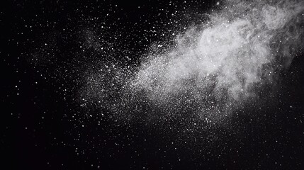 Spectacular display of white powder swirling in the darkness, creating a mesmerizing dust cloud effect in the air