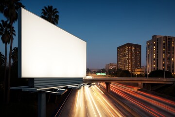 Blank billboard mockup above highway at night with cityscape and light trails in background for advertisement presentation concept.