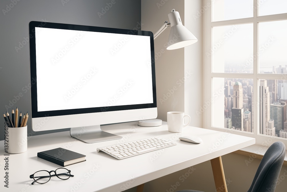 Poster Modern workspace with blank computer screen mockup on white desk by window in high-rise office with city view and minimalistic decor elements.