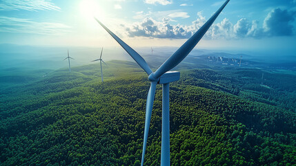 Aerial view of wind turbines coal-fired power plants mountains, forests as background Contrast between renewable energy traditional power, sustainability industrial impact environmental responsibility