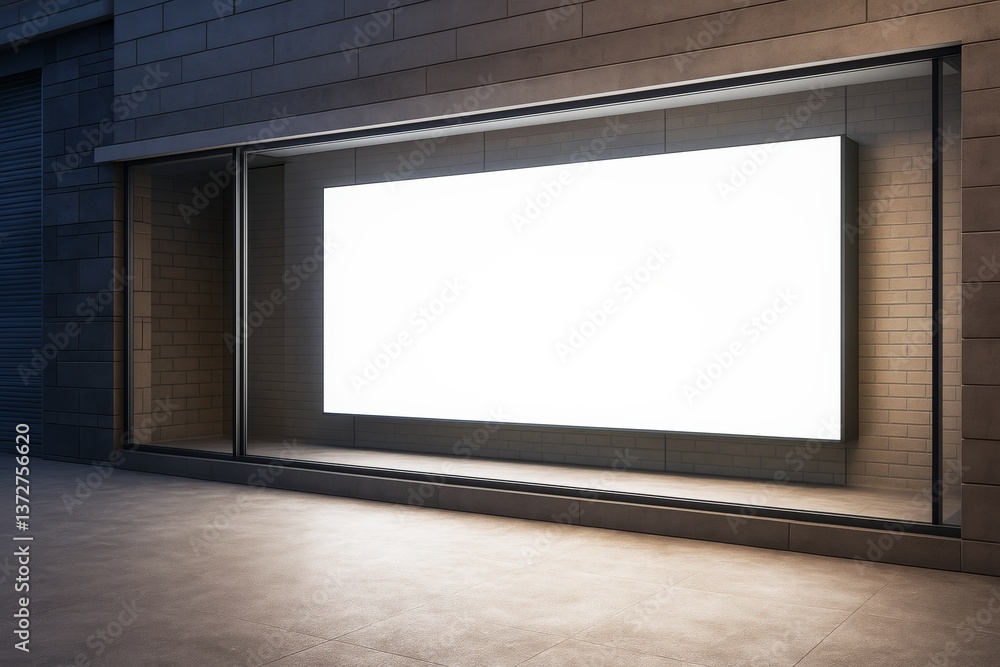 Poster large illuminated blank billboard mockup in glass window frame on modern building wall at night with