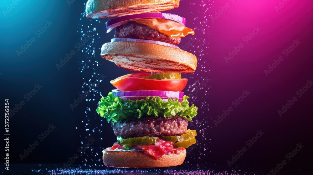 Poster floating burger presents vibrant pop-art ingredients with neon colors and high-speed capture in a dy