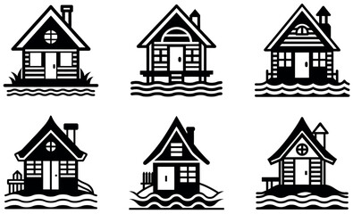 Simple Black and White Icons of Floating Houses design