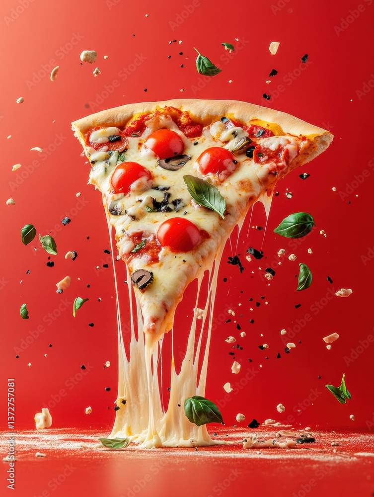 Aufkleber delicious pizza slice with gooey cheese and vibrant toppings against a dynamic red background in hig