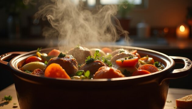 AI Generated Baeckeoffe Stew in Traditional Alsatian Clay Pot with Steaming Meat and Vegetables &ndash; French Cuisine  
