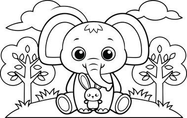 Fototapeta premium Cartoon Elephant with Bunny in a Forest Outline Illustration, Line art, Cute