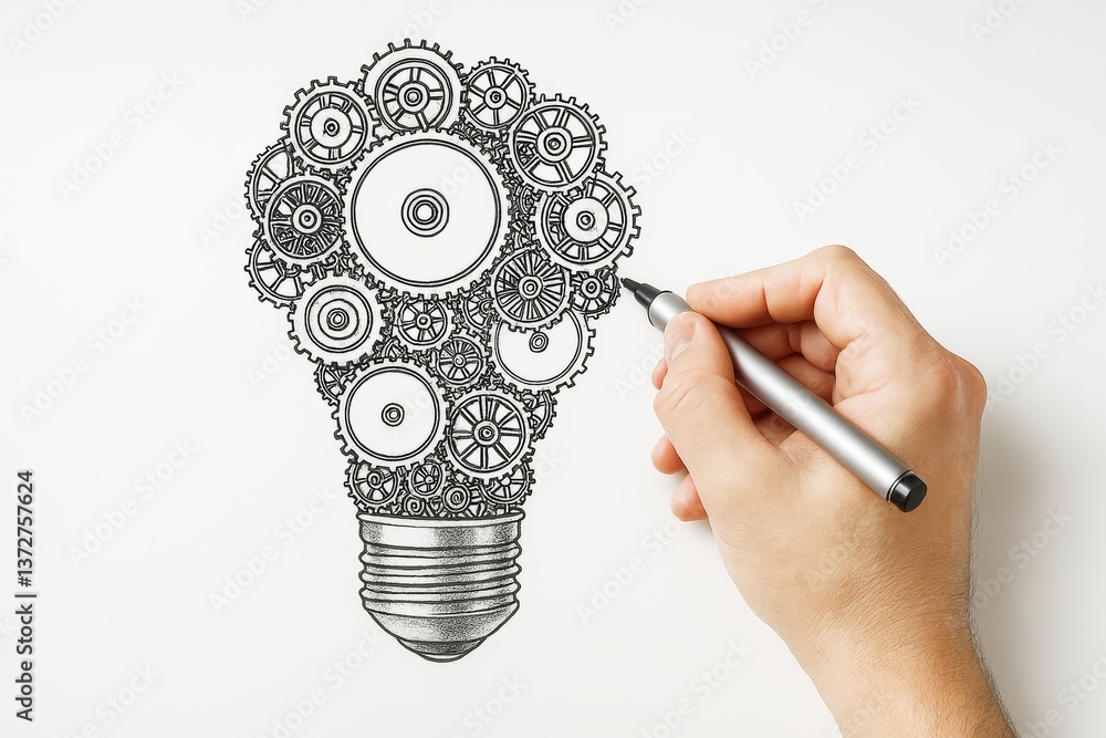 Poster hand drawing mechanical light bulb made of gears symbolizing innovation and business concept on whit